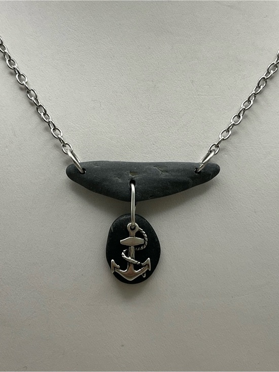 Jewelry - Handmade Sterling Silver Anchor Maine Beach Rock Necklace Natural Stones